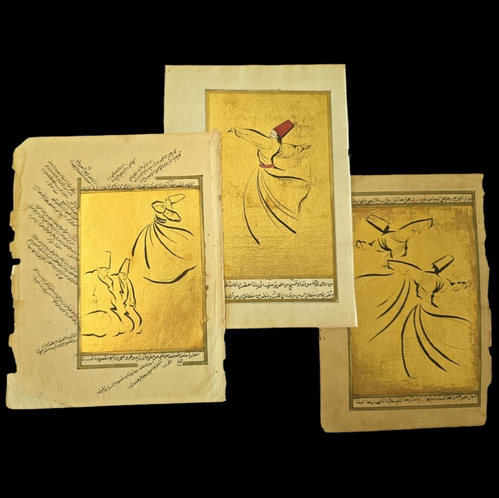 Vintage Ottoman Manuscript Illustrations Set of 3 Whirling Dervish Sufi Dancers